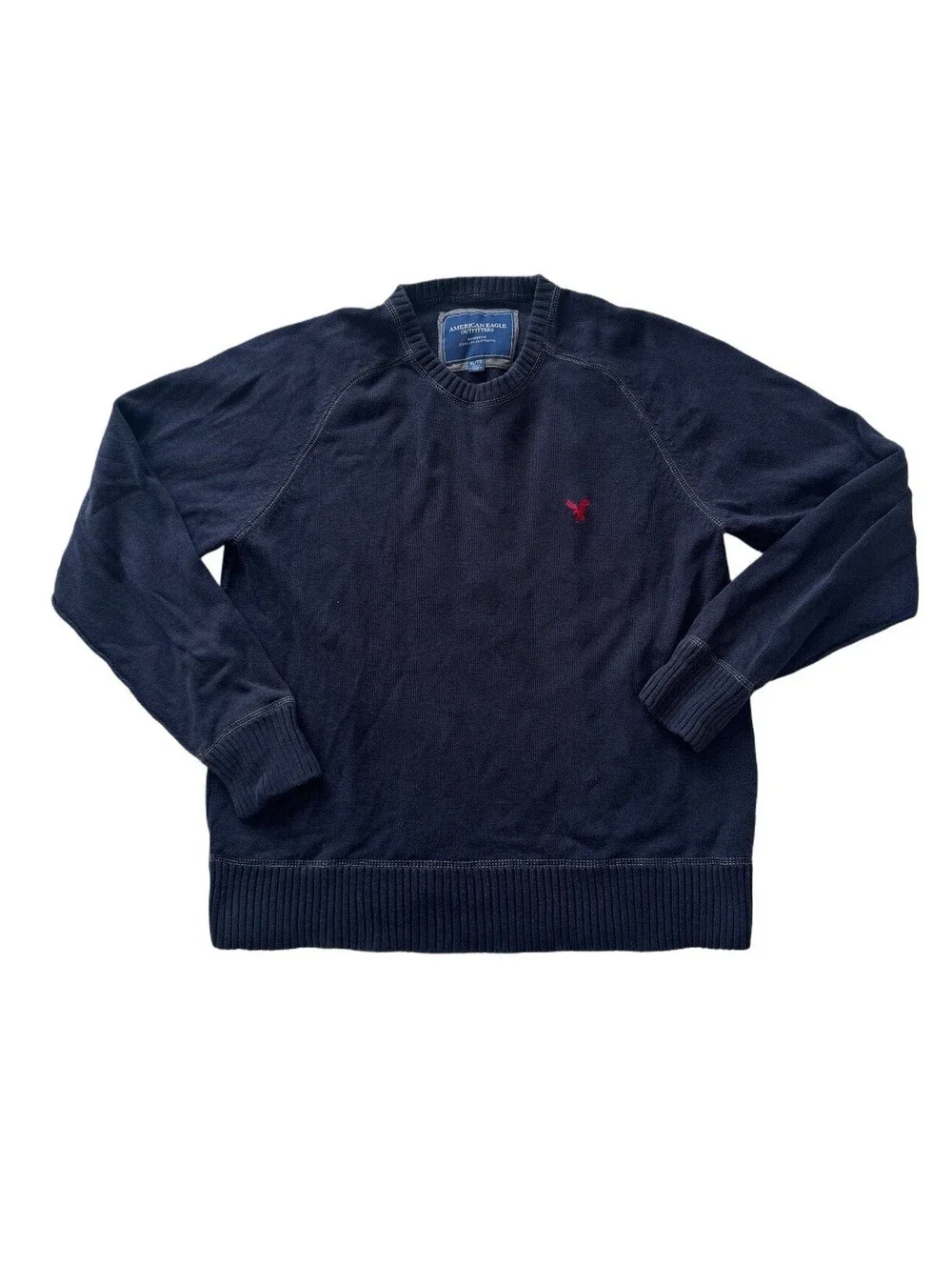 American Eagle Mens XL Navy Knit Crewneck Sweater Pullover Logo Raglan Casual